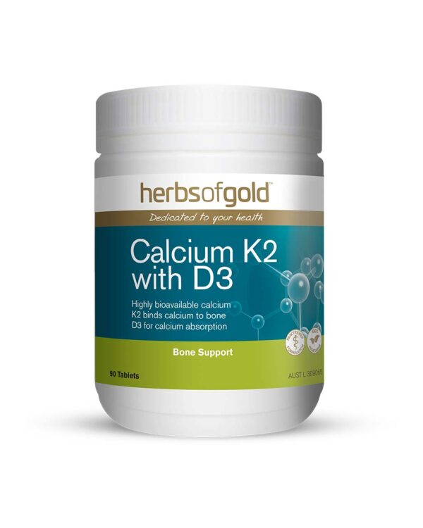 Herbs of Gold – Calcium K2 with D3 front view of a 90 Tablet bottle