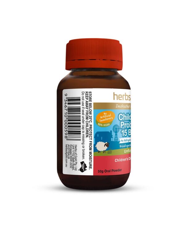 Herbs of Gold – Children's Probiotic 15 Billion left view of a 50 gram bottle