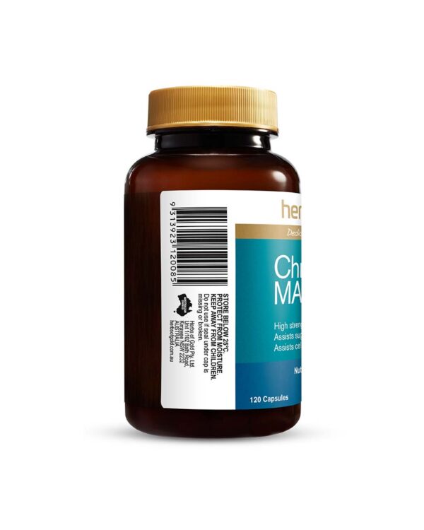 Herbs of Gold – Chromium MAX left view of a 120 capsule bottle