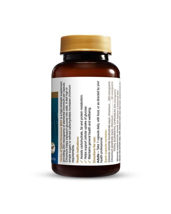 Herbs of Gold – Chromium MAX right view of a 60 capsule bottle