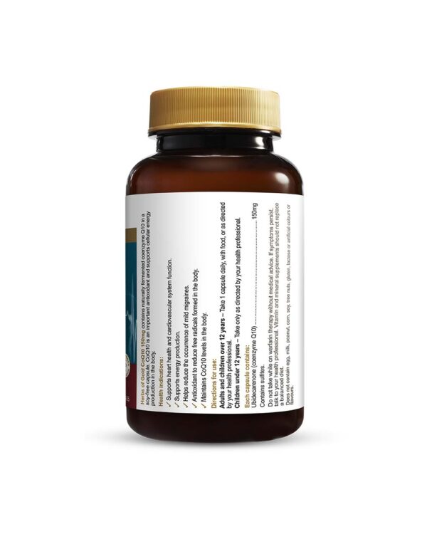 Herbs of Gold – CoQ10 150mg right view of a 120 capsule bottle