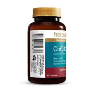 Herbs of Gold – CoQ10 150mg left view of a 60 capsule bottle