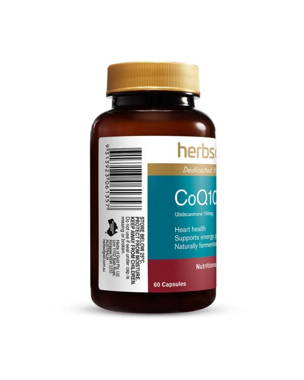 Herbs of Gold – CoQ10 150mg left view of a 60 capsule bottle