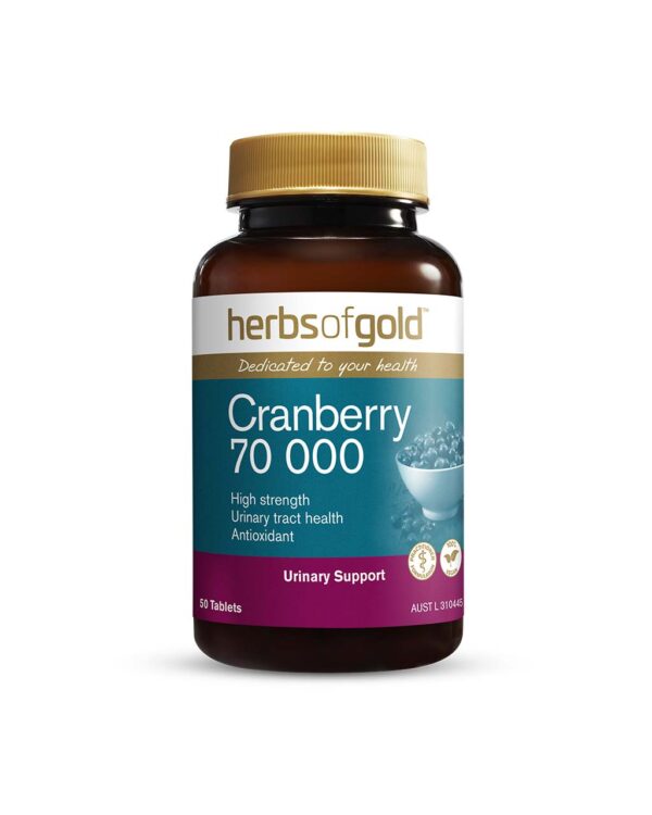Herbs of Gold – Cranberry 70 000 front view of a 50 tablet bottle