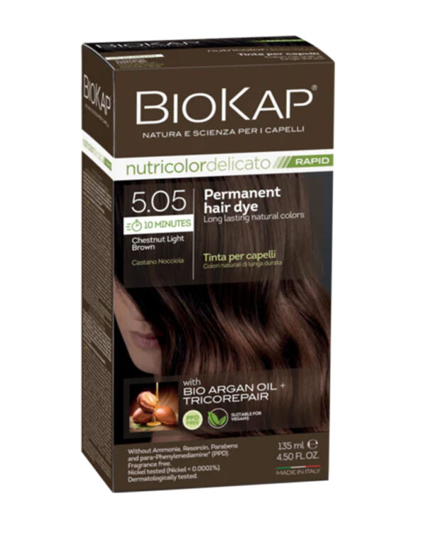 BioKap Nutricolor Delicato RAPID Permanent Hair Dye 5.05 Chestnut Light Brown in a 135 ml package.