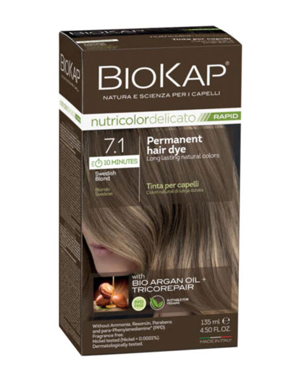 BioKap Nutricolor Delicato RAPID Permanent Hair Dye 7.1 Swedish Blond in a 135 ml package.