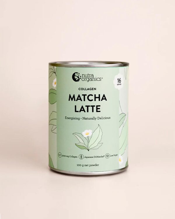 Nutra Organics Collagen Matcha Latte in a 100g container