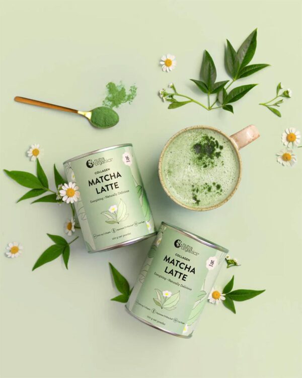 Styled Image of Nutra Organics Collagen Matcha Latte in 100g containers
