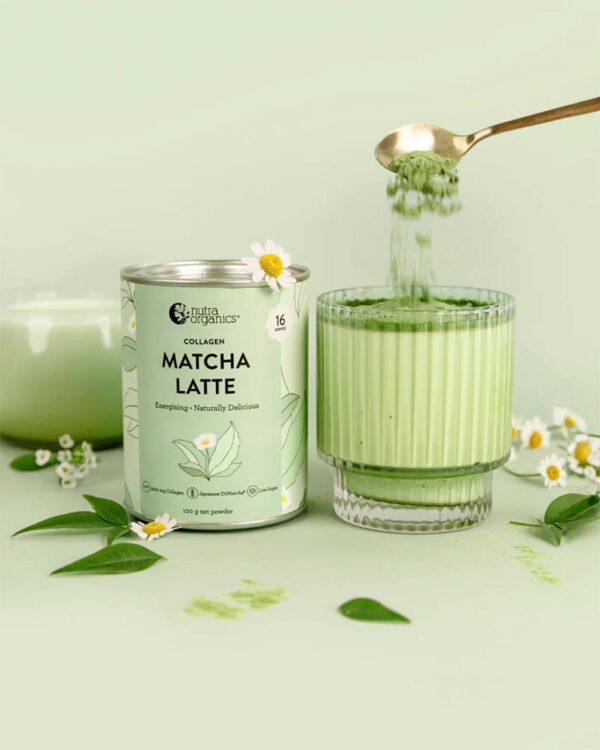 Styled Image of Nutra Organics Collagen Matcha Latte in 100g containers