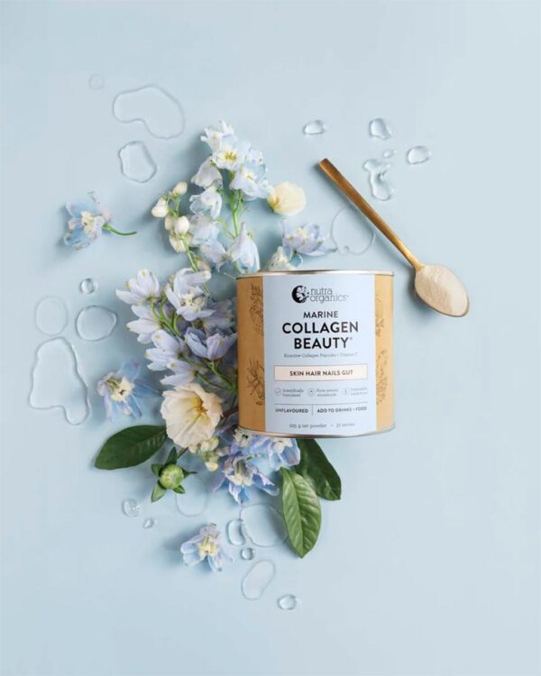 Stylized image of Nutra Organics Marine Collagen Beauty in a 225g container
