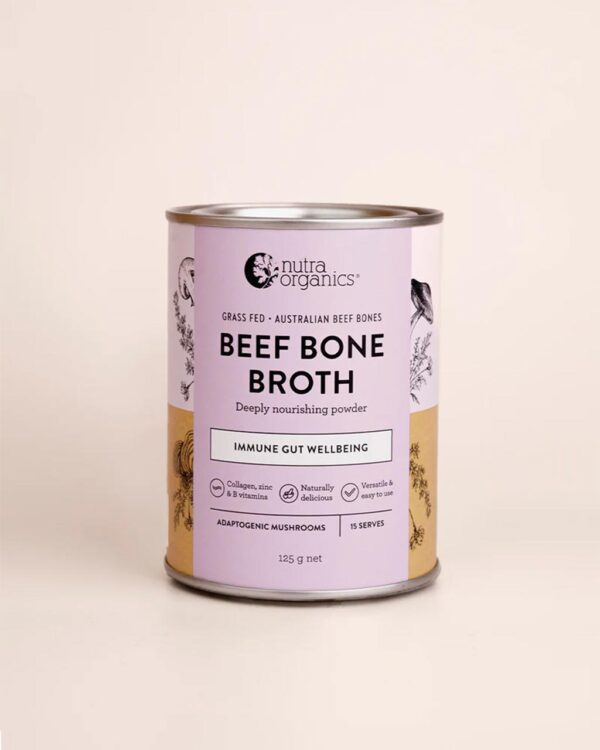 Nutra Organics Beef Bone Broth in Adaptogenic Mushroom Flavour in a 125g container