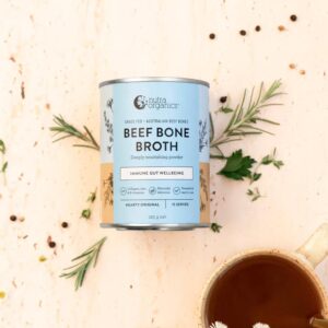 A stylized image of cup of hot Nutra Organics Beef Bone Broth alongside a 125g container of the product