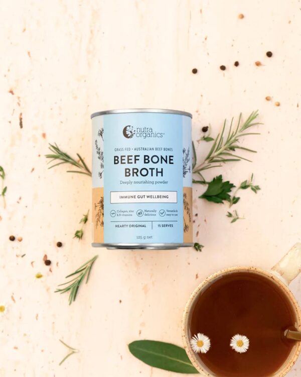 A stylized image of cup of hot Nutra Organics Beef Bone Broth alongside a 125g container of the product