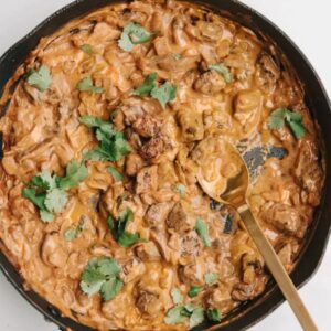 A pan of delicious meat with cream sauce made with Nutra Organics Beef Bone Broth
