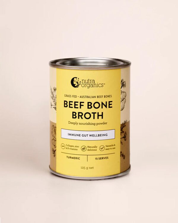 Nutra Organics Beef Bone Broth in Turmeric Flavour in a 125g container