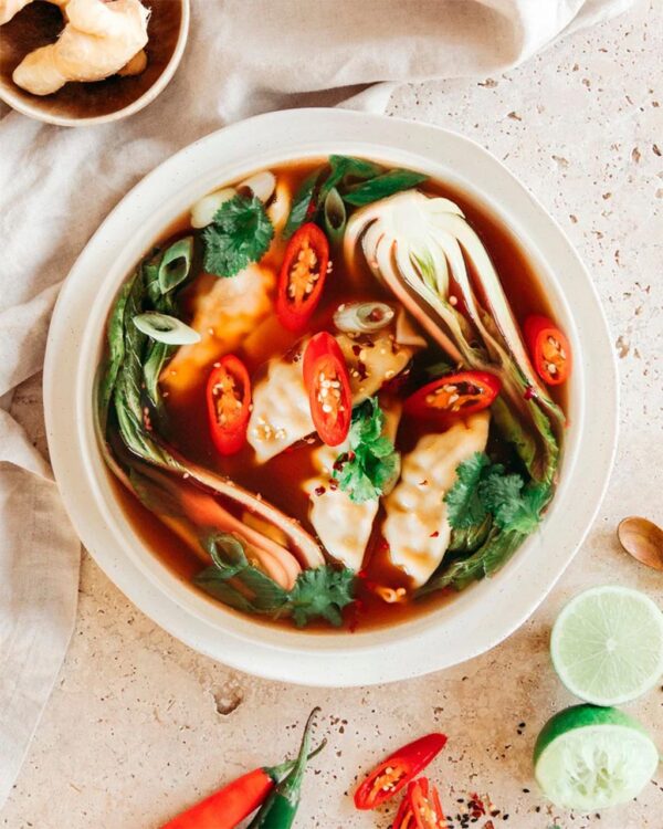 Top view of a bowl of delicious vegetables make with Nutra Organics Beef Bone Broth in Turmeric Flavour